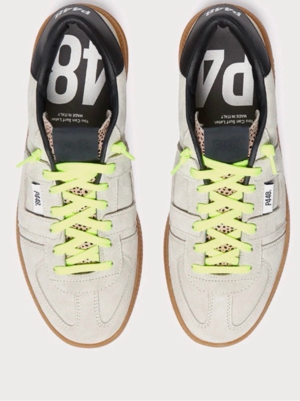 P448 Beige Suede Sneakers with Neon Yellow and Brown Laces